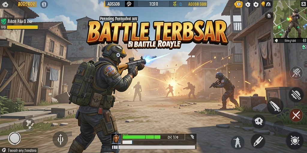 Tangkapan layar utama menampilkan pertarungan intens dalam game Battle Royale.