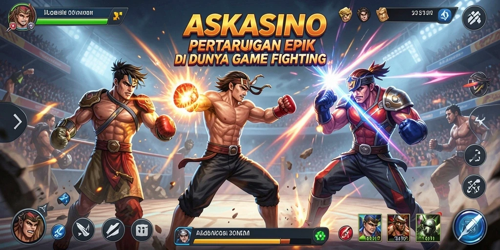 Tangkapan layar gameplay ASKASINO dengan karakter bertarung di arena.