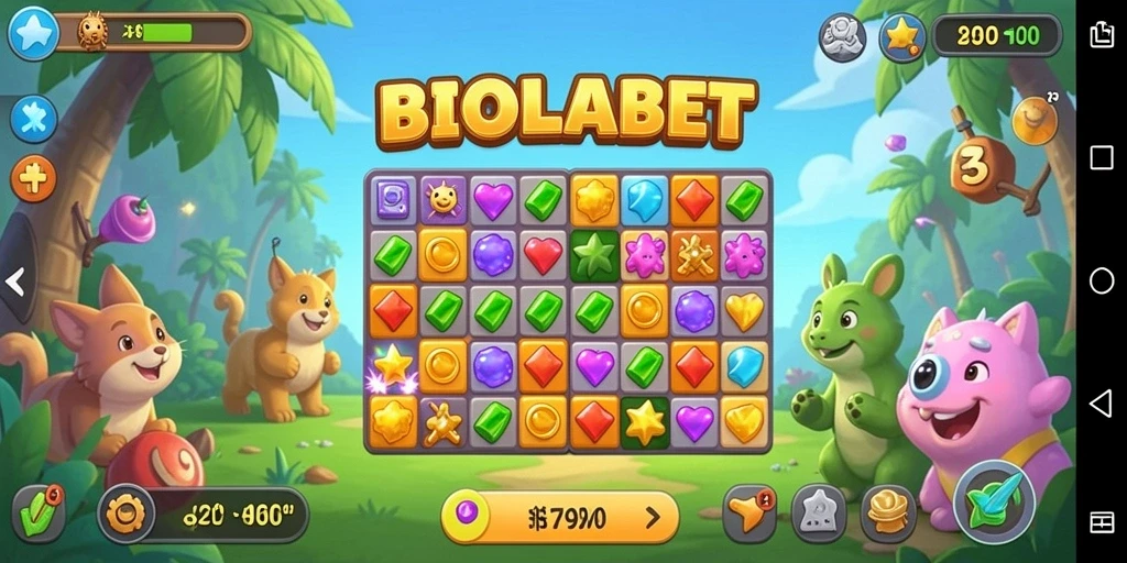 Screenshot gameplay BIOLABET dengan tampilan level Match-3 yang menarik.