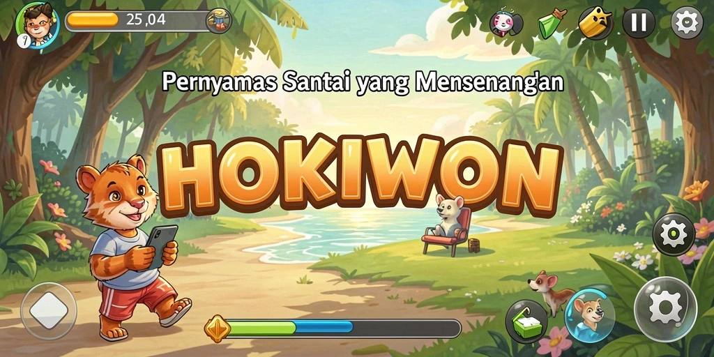 Screenshot utama HOKIWON menampilkan gameplay santai dan penuh warna.