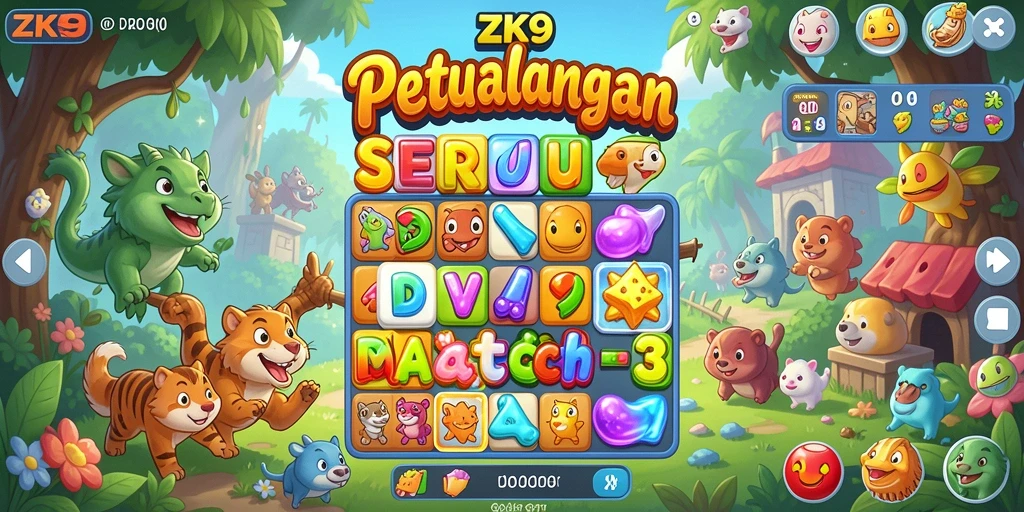 Tampilan gameplay seru di ZK9 dengan berbagai permata berwarna.